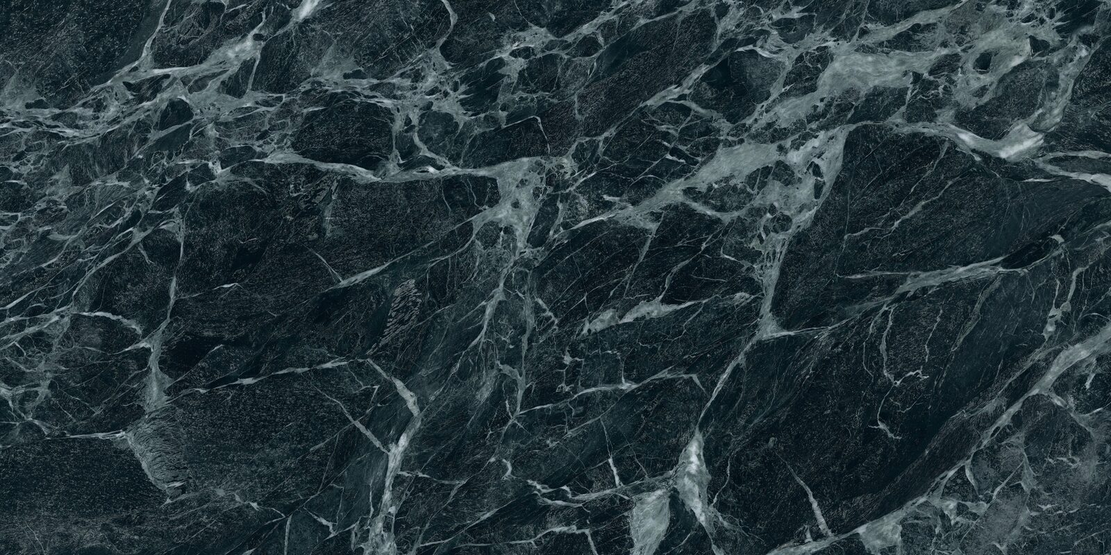 Aosta porcelain slab. Deep green with bright white veining. Full slab, 5 ft 3 in by 10 ft 6 in.