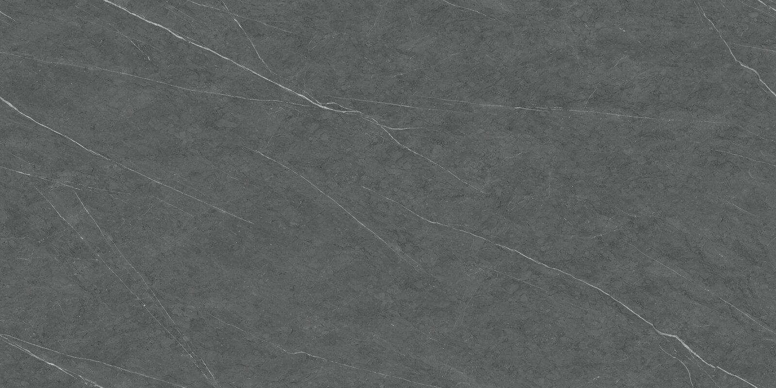 Etna porcelain slab. Charcoal grey with single threads of white vein. Full slab, 5 ft 3 in by 10 ft 6 in.