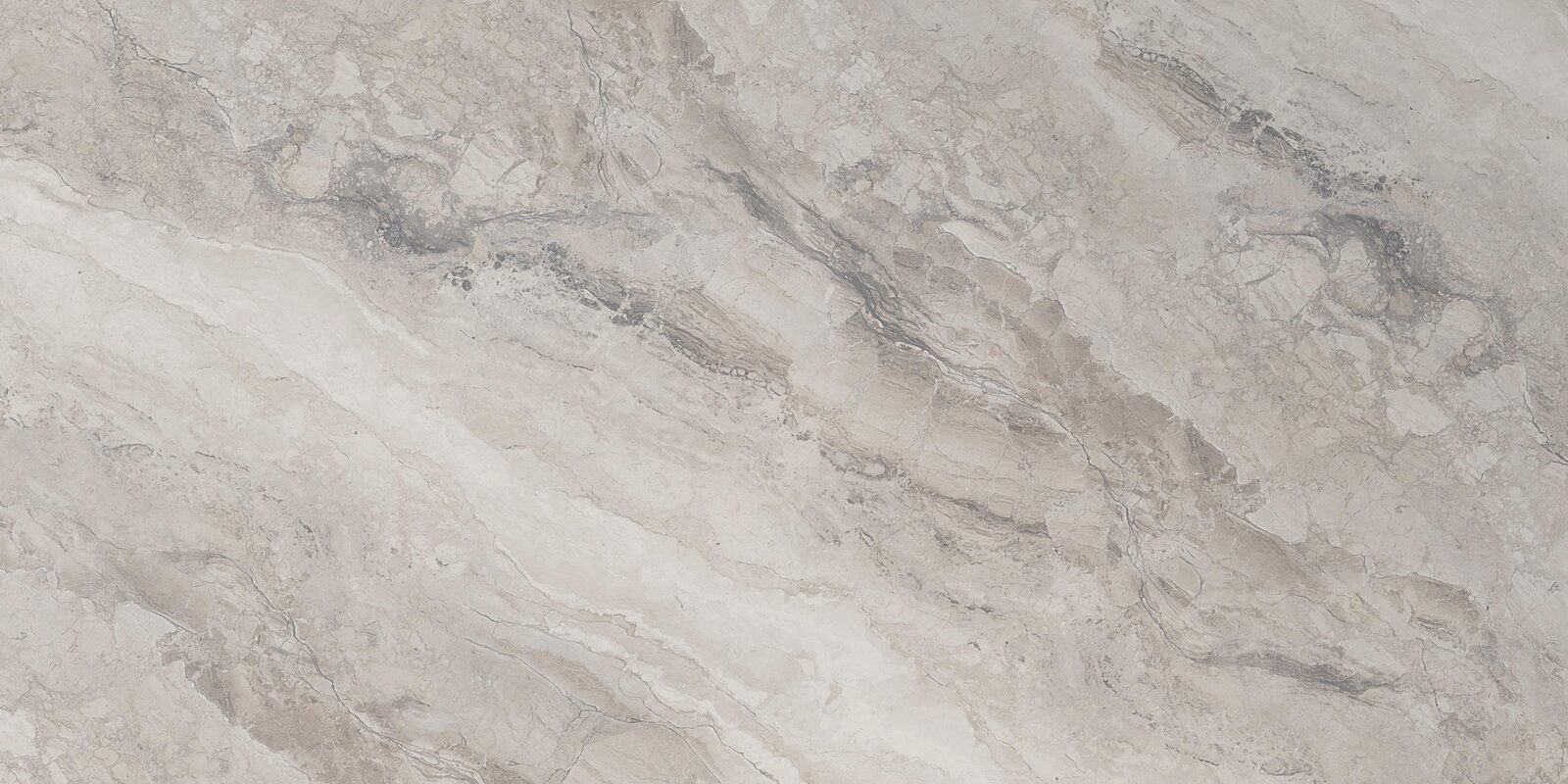 Merano porcelain slab. Warm grey and cream with long, flowing dark bands. Full slab, 5 ft 3 in by 10 ft 6 in.