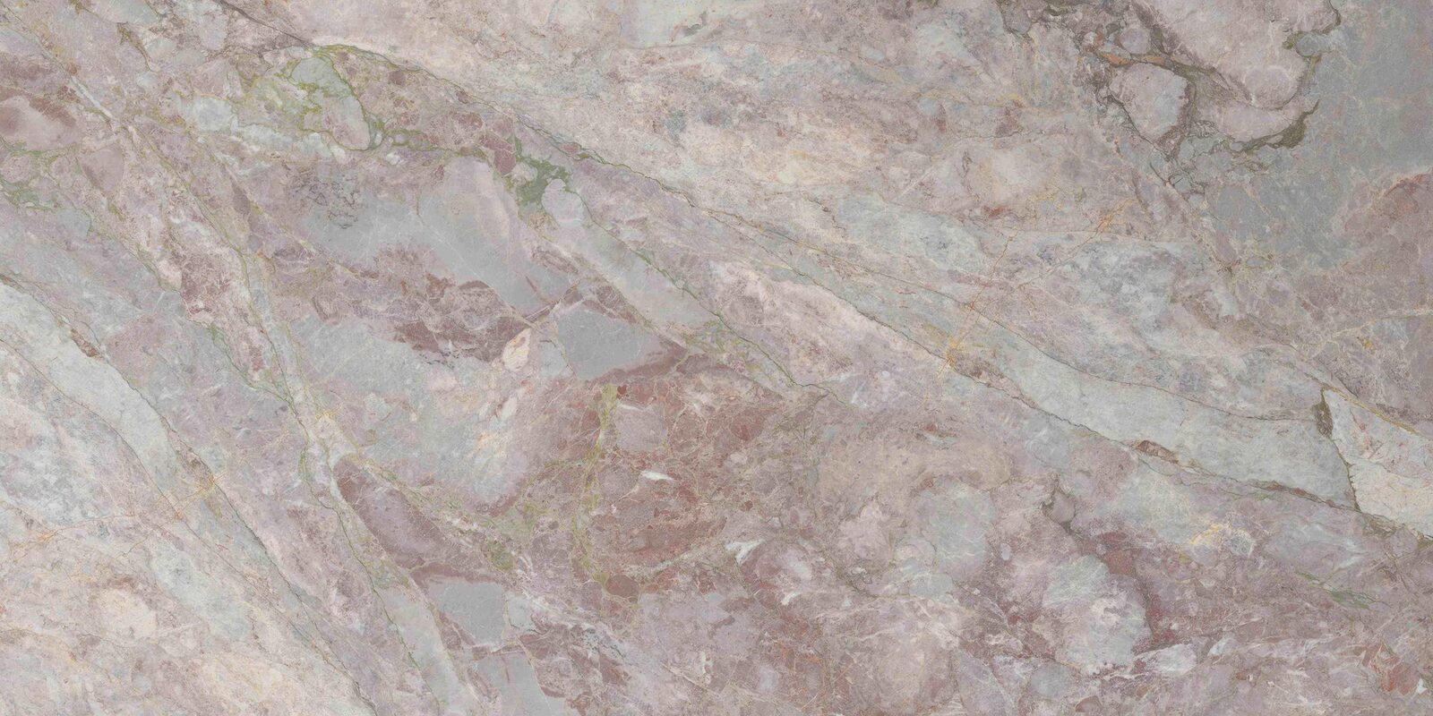 Noto porcelain slab. Soft pink and lilac with grey-green movement. Full slab, 5 ft 3 in by 10 ft 6 in.
