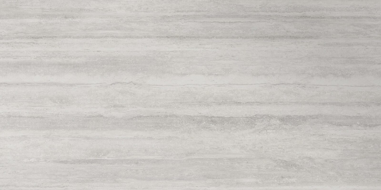 Pienza Travertine porcelain slab. Pale grey travertine with fine, level banding. Full slab, 5 ft 3 in by 10 ft 6 in.