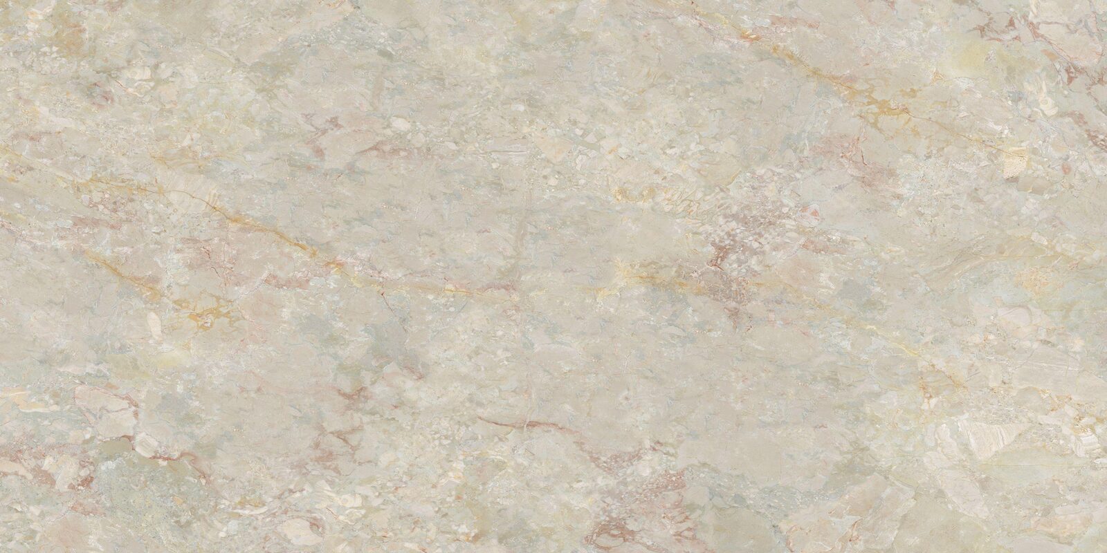 Spello porcelain slab. Cream and soft green with fine rust and gold veins. Full slab, 5 ft 3 in by 10 ft 6 in.