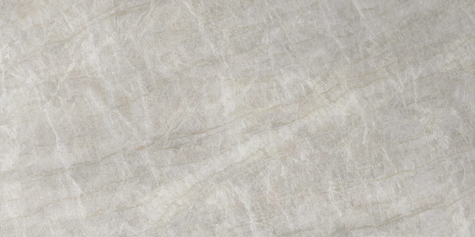 Stresa porcelain slab. Soft grey with long, quiet veining. Full slab, 5 ft 3 in by 10 ft 6 in.