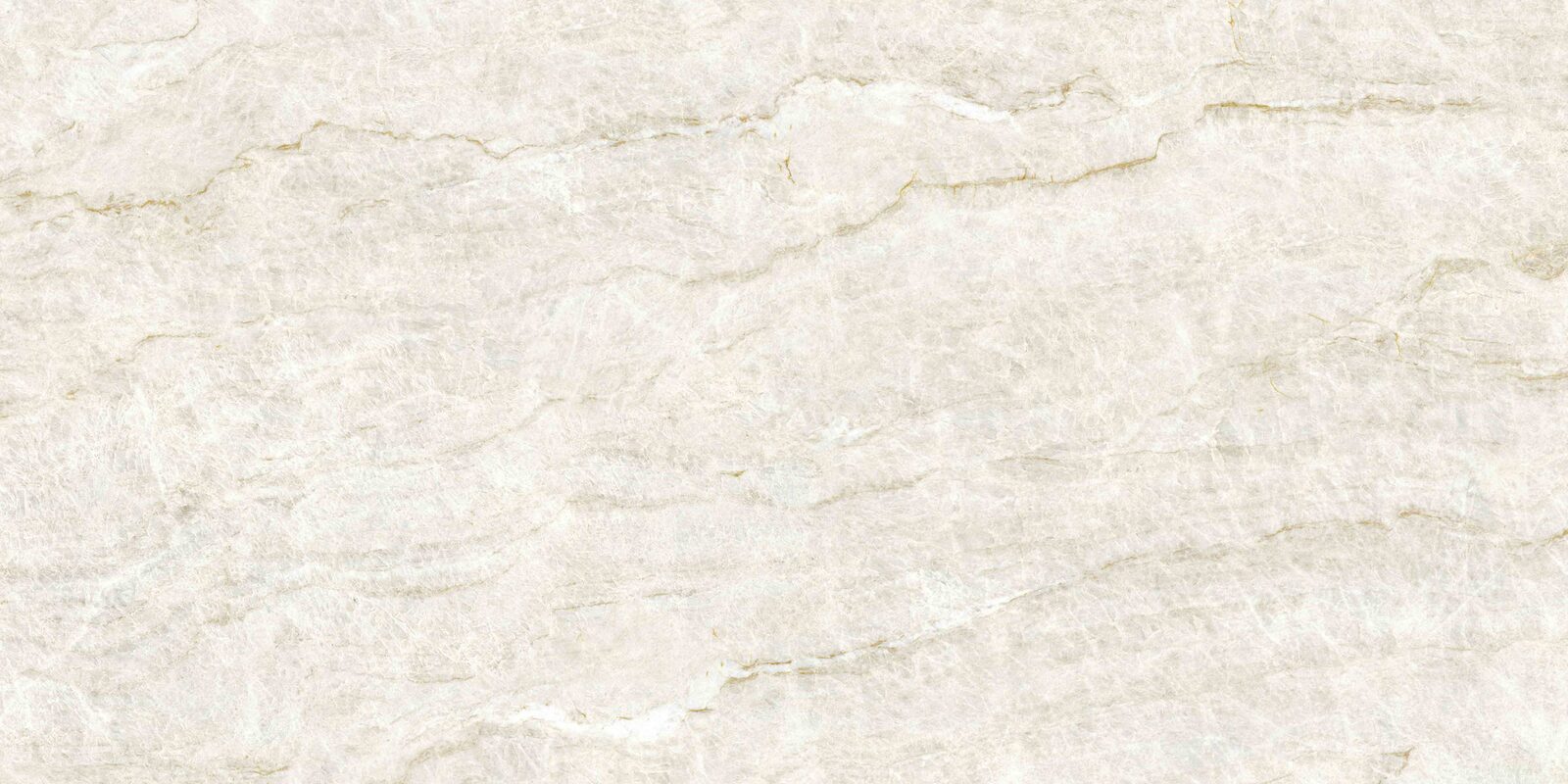 Taj Mahal porcelain slab. Warm cream with soft gold and taupe veins along its length. Full slab, 5 ft 3 in by 10 ft 6 in.